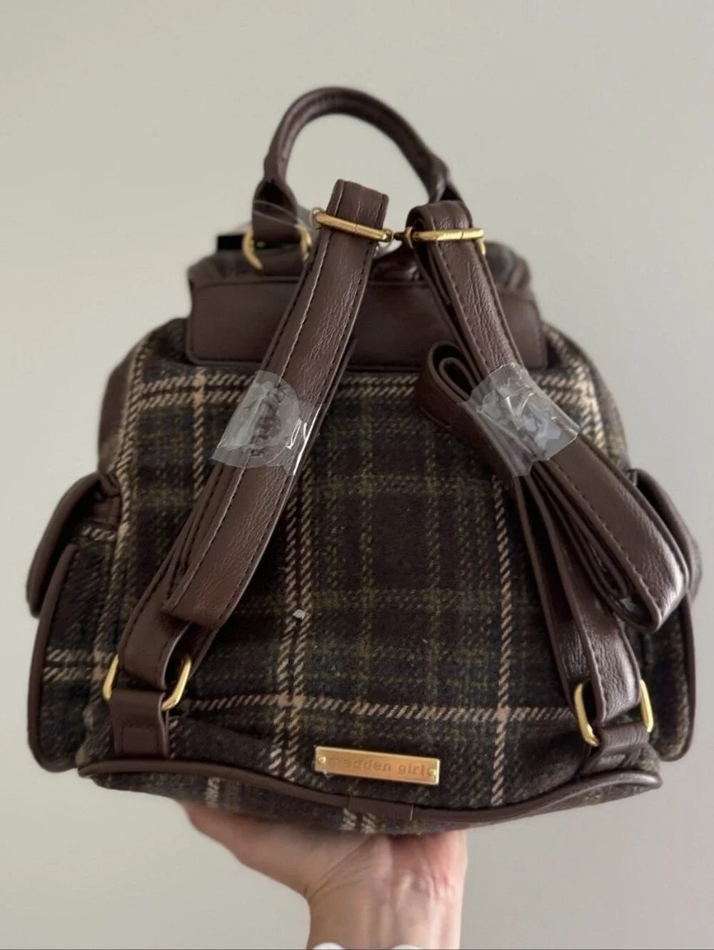 Madden Girl Brown Plaid Mini Backpack with Gold Hardware